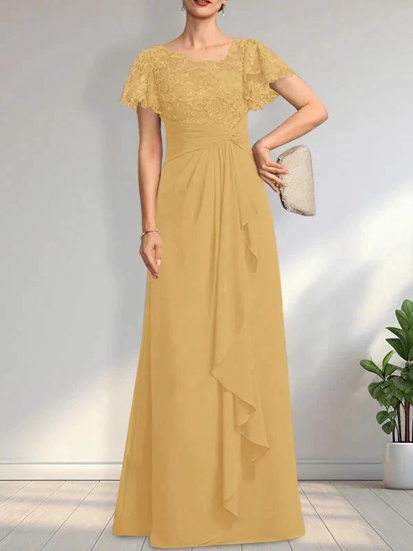 A-line Asymmetrical Illusion Floor-Length Lace Chiffon Mother of the Bride Dress With Cascading Ruffles Sequins - Image 30