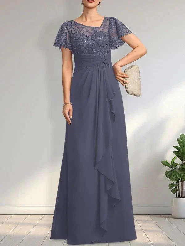 A-line Asymmetrical Illusion Floor-Length Lace Chiffon Mother of the Bride Dress With Cascading Ruffles Sequins - Image 6