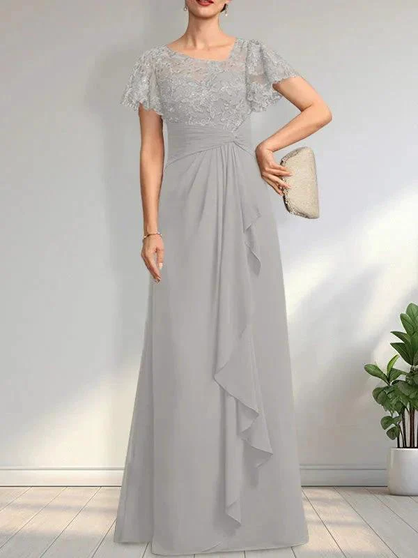 A-line Asymmetrical Illusion Floor-Length Lace Chiffon Mother of the Bride Dress With Cascading Ruffles Sequins - Image 7