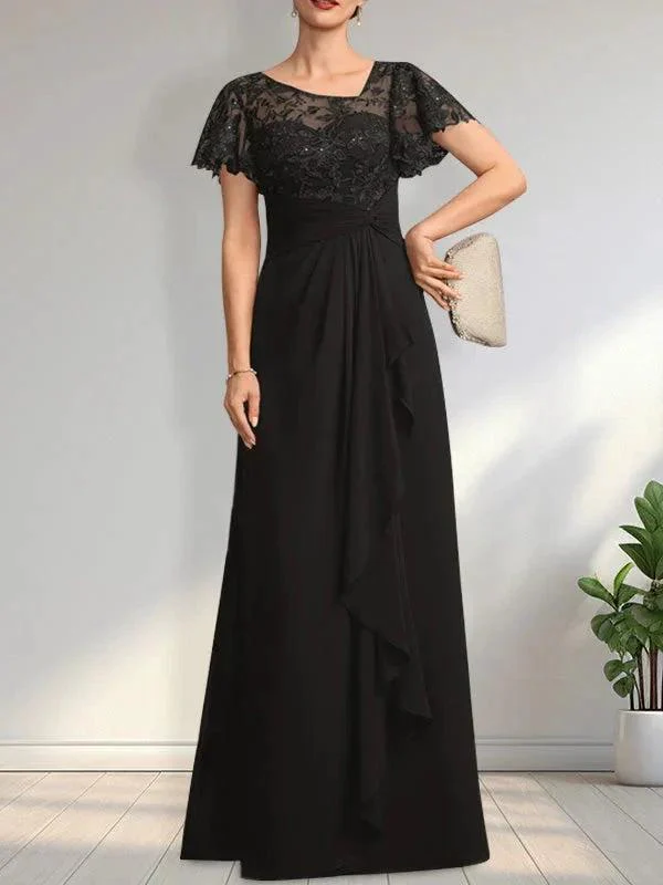 A-line Asymmetrical Illusion Floor-Length Lace Chiffon Mother of the Bride Dress With Cascading Ruffles Sequins - Image 8