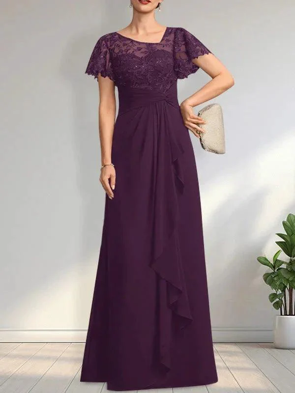 A-line Asymmetrical Illusion Floor-Length Lace Chiffon Mother of the Bride Dress With Cascading Ruffles Sequins - Image 9