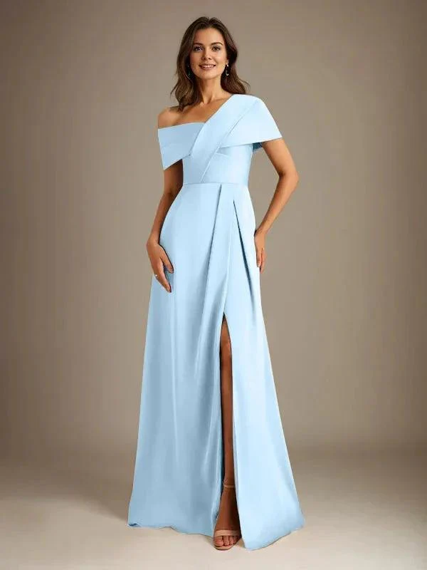 A-Line Asymmetrical Neckline Floor-Length Satin Mother of the Bride Dress With Pleated - Image 10