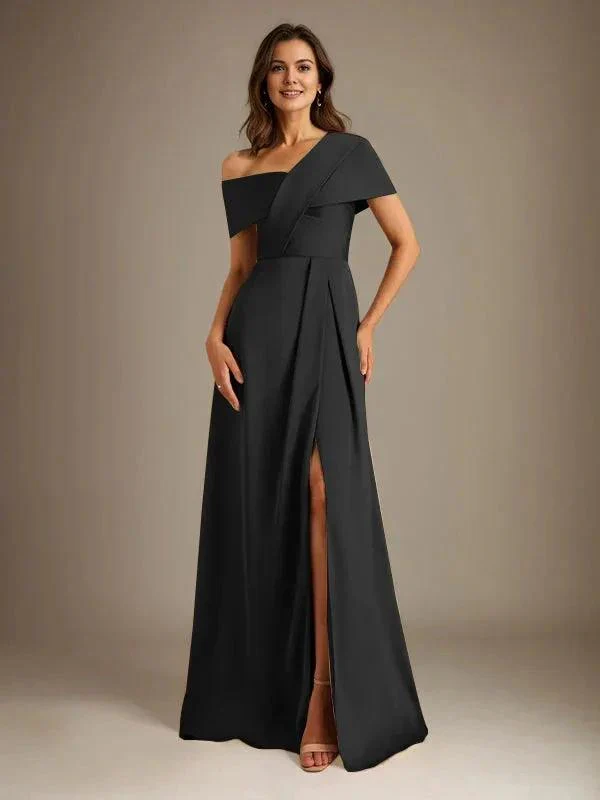 A-Line Asymmetrical Neckline Floor-Length Satin Mother of the Bride Dress With Pleated - Image 11