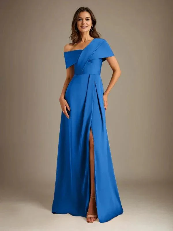 A-Line Asymmetrical Neckline Floor-Length Satin Mother of the Bride Dress With Pleated - Image 12