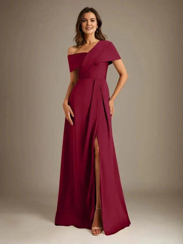 A-Line Asymmetrical Neckline Floor-Length Satin Mother of the Bride Dress With Pleated - Image 13