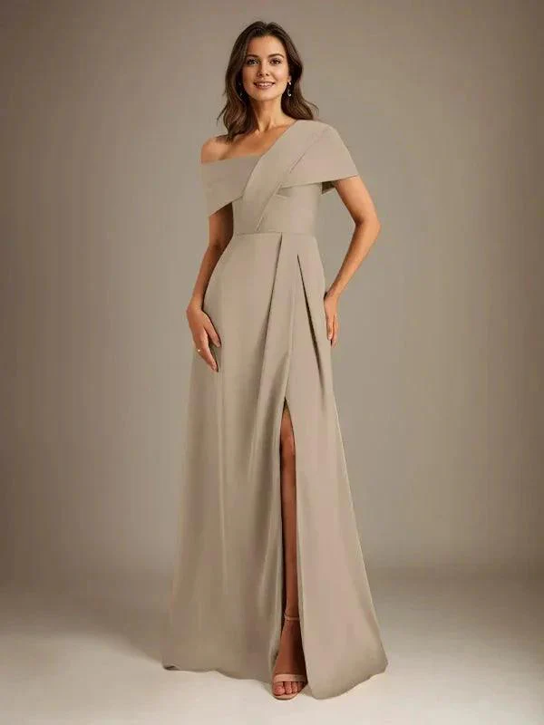 A-Line Asymmetrical Neckline Floor-Length Satin Mother of the Bride Dress With Pleated - Image 14