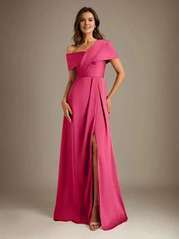 A-Line Asymmetrical Neckline Floor-Length Satin Mother of the Bride Dress With Pleated - Image 15