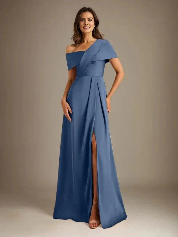 A-Line Asymmetrical Neckline Floor-Length Satin Mother of the Bride Dress With Pleated - Image 16