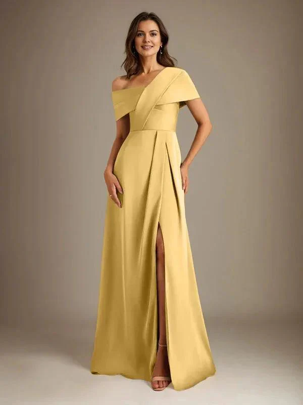 A-Line Asymmetrical Neckline Floor-Length Satin Mother of the Bride Dress With Pleated - Image 17