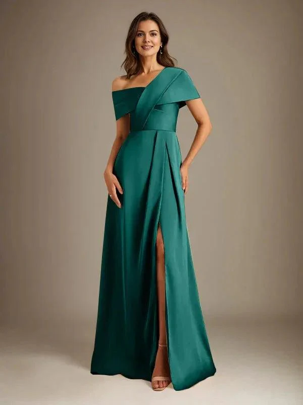 A-Line Asymmetrical Neckline Floor-Length Satin Mother of the Bride Dress With Pleated - Image 18