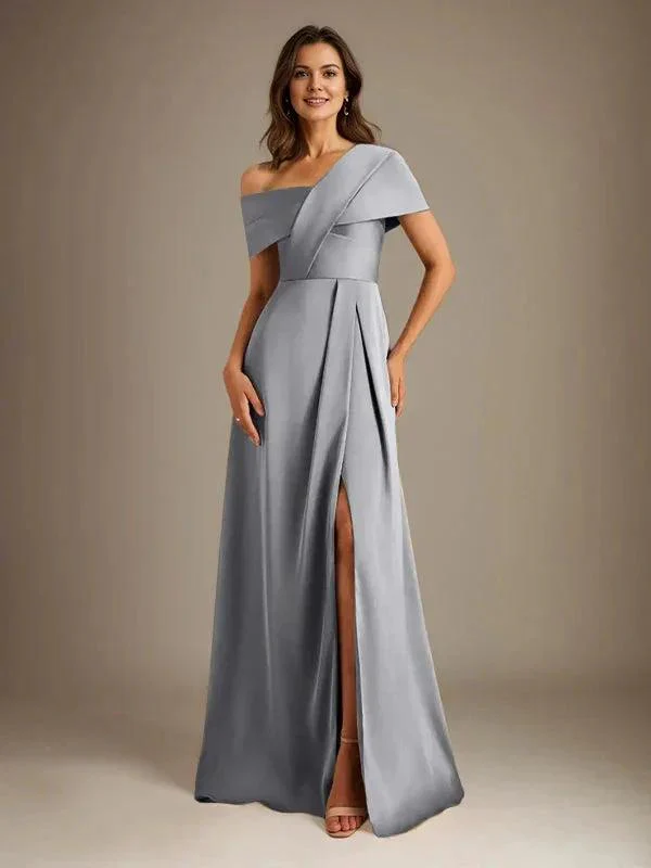 A-Line Asymmetrical Neckline Floor-Length Satin Mother of the Bride Dress With Pleated - Image 19