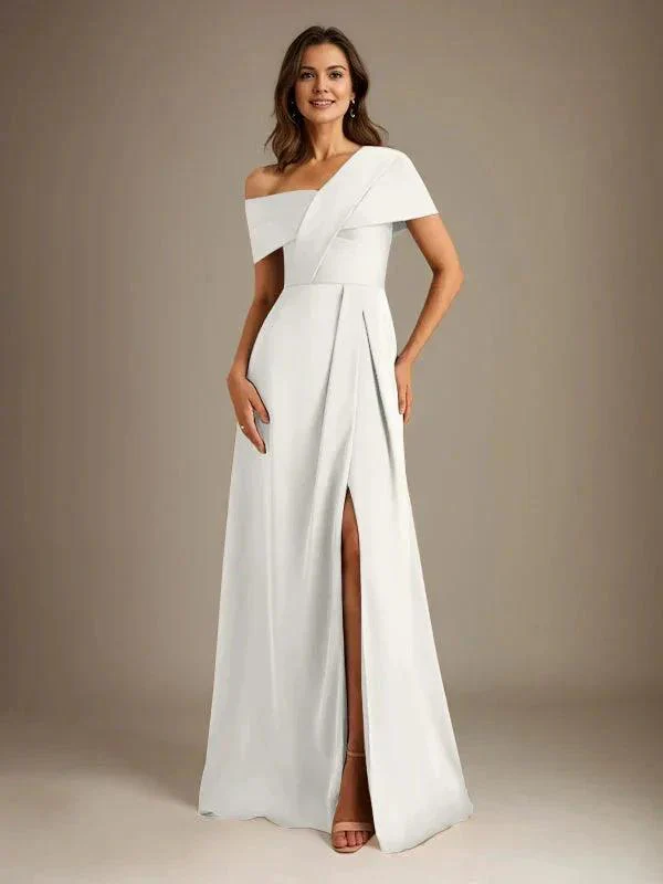 A-Line Asymmetrical Neckline Floor-Length Satin Mother of the Bride Dress With Pleated - Image 20