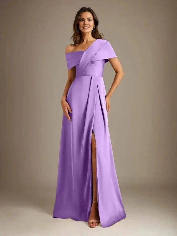 A-Line Asymmetrical Neckline Floor-Length Satin Mother of the Bride Dress With Pleated - Image 21