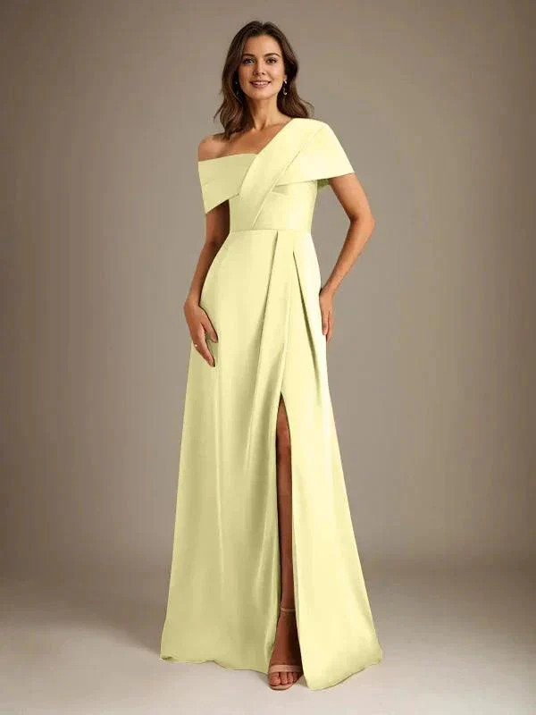 A-Line Asymmetrical Neckline Floor-Length Satin Mother of the Bride Dress With Pleated - Image 22