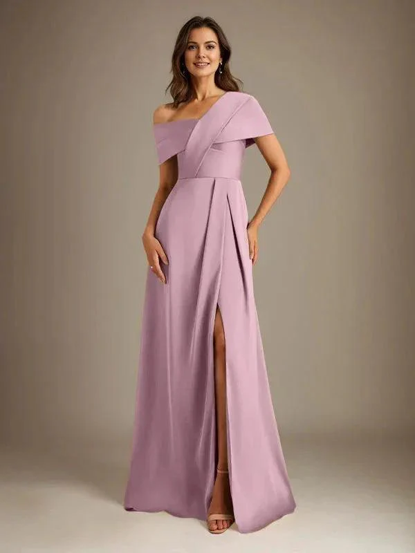 A-Line Asymmetrical Neckline Floor-Length Satin Mother of the Bride Dress With Pleated - Image 23