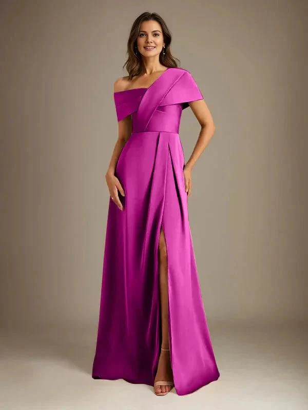 A-Line Asymmetrical Neckline Floor-Length Satin Mother of the Bride Dress With Pleated - Image 24