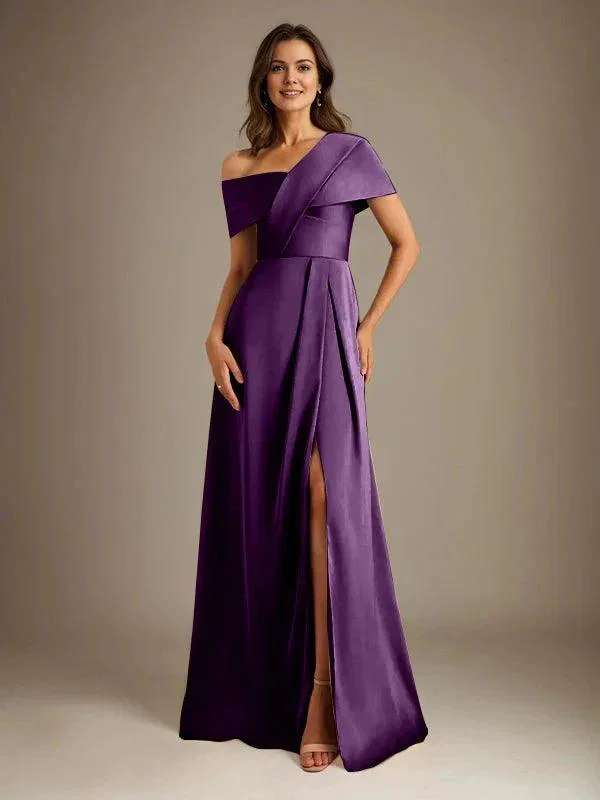 A-Line Asymmetrical Neckline Floor-Length Satin Mother of the Bride Dress With Pleated - Image 25
