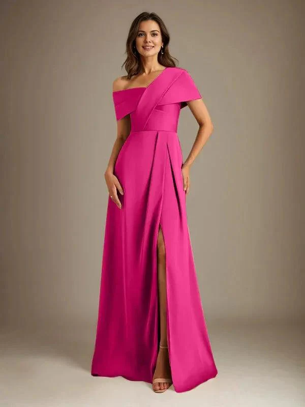 A-Line Asymmetrical Neckline Floor-Length Satin Mother of the Bride Dress With Pleated - Image 26
