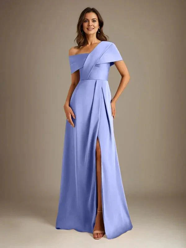A-Line Asymmetrical Neckline Floor-Length Satin Mother of the Bride Dress With Pleated - Image 27