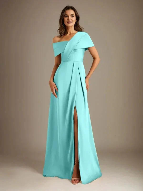 A-Line Asymmetrical Neckline Floor-Length Satin Mother of the Bride Dress With Pleated - Image 28