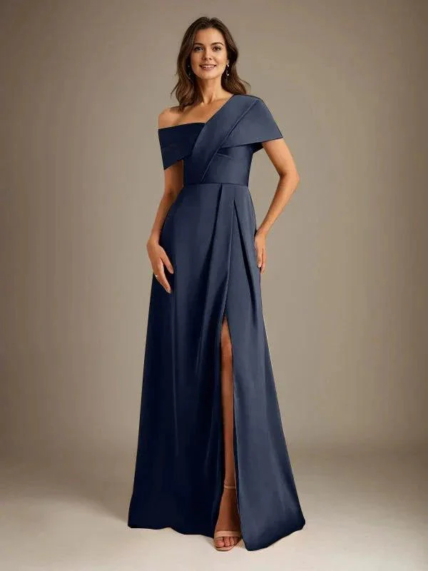 A-Line Asymmetrical Neckline Floor-Length Satin Mother of the Bride Dress With Pleated - Image 29