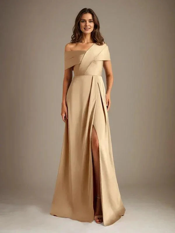 A-Line Asymmetrical Neckline Floor-Length Satin Mother of the Bride Dress With Pleated - Image 3