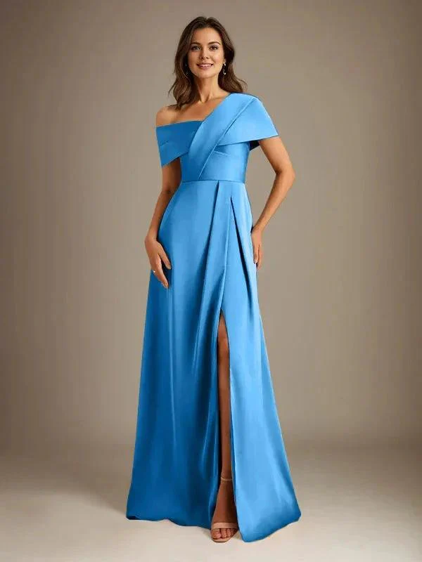 A-Line Asymmetrical Neckline Floor-Length Satin Mother of the Bride Dress With Pleated - Image 30