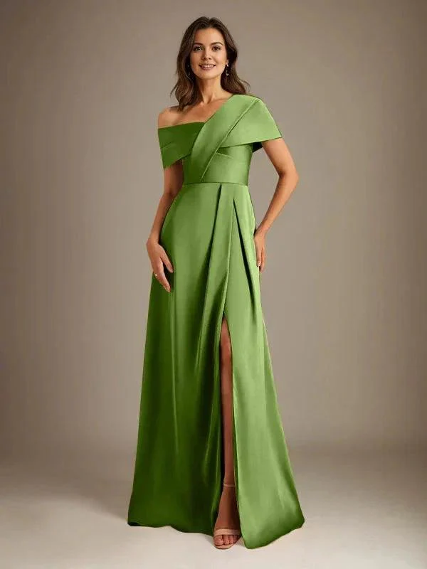 A-Line Asymmetrical Neckline Floor-Length Satin Mother of the Bride Dress With Pleated - Image 31