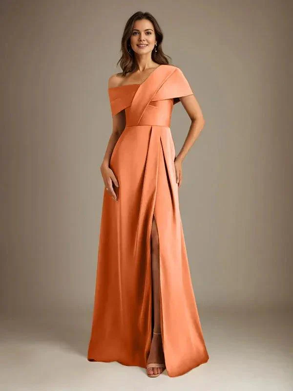 A-Line Asymmetrical Neckline Floor-Length Satin Mother of the Bride Dress With Pleated - Image 32
