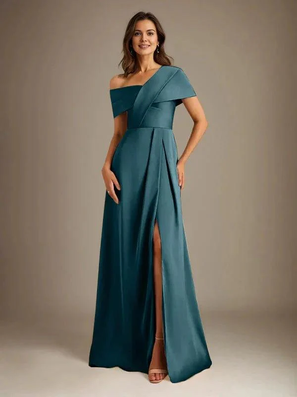 A-Line Asymmetrical Neckline Floor-Length Satin Mother of the Bride Dress With Pleated - Image 33