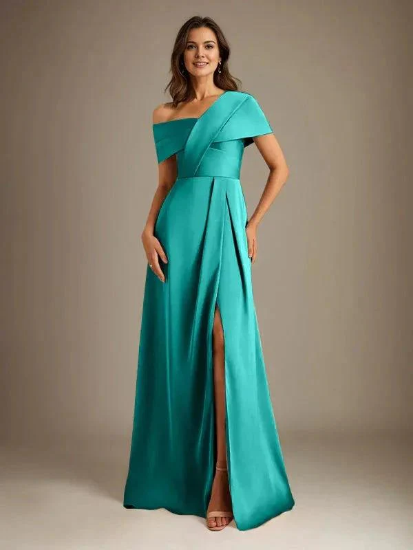 A-Line Asymmetrical Neckline Floor-Length Satin Mother of the Bride Dress With Pleated - Image 34