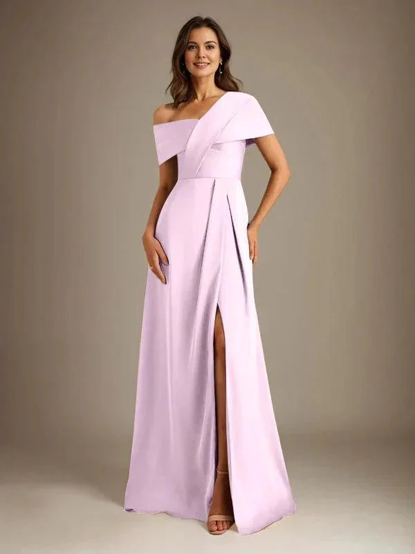 A-Line Asymmetrical Neckline Floor-Length Satin Mother of the Bride Dress With Pleated - Image 35