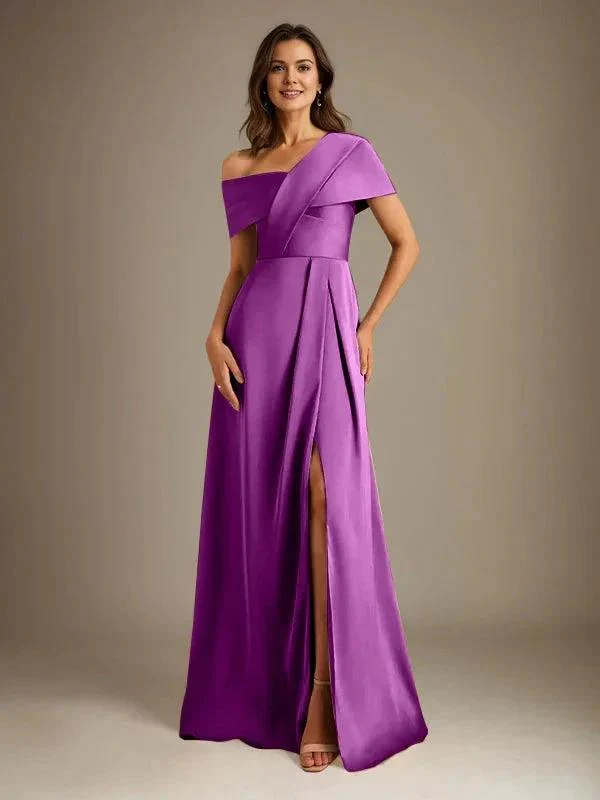 A-Line Asymmetrical Neckline Floor-Length Satin Mother of the Bride Dress With Pleated - Image 36