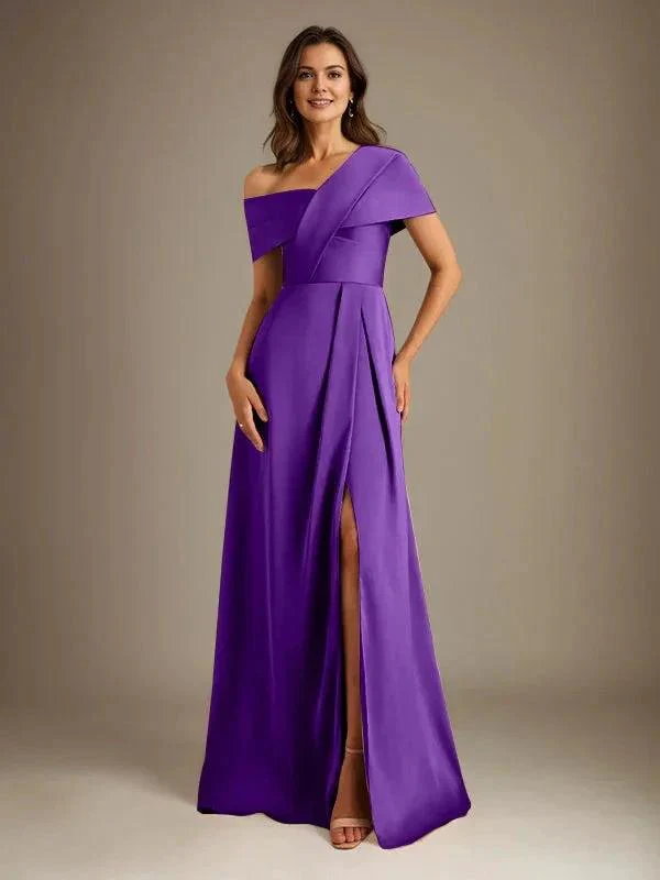 A-Line Asymmetrical Neckline Floor-Length Satin Mother of the Bride Dress With Pleated - Image 37