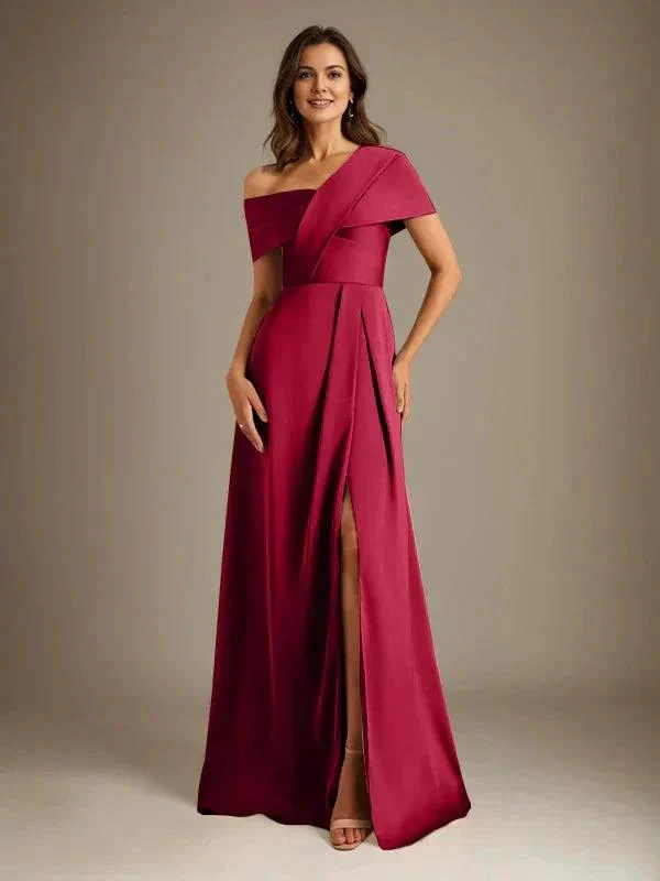 A-Line Asymmetrical Neckline Floor-Length Satin Mother of the Bride Dress With Pleated - Image 38