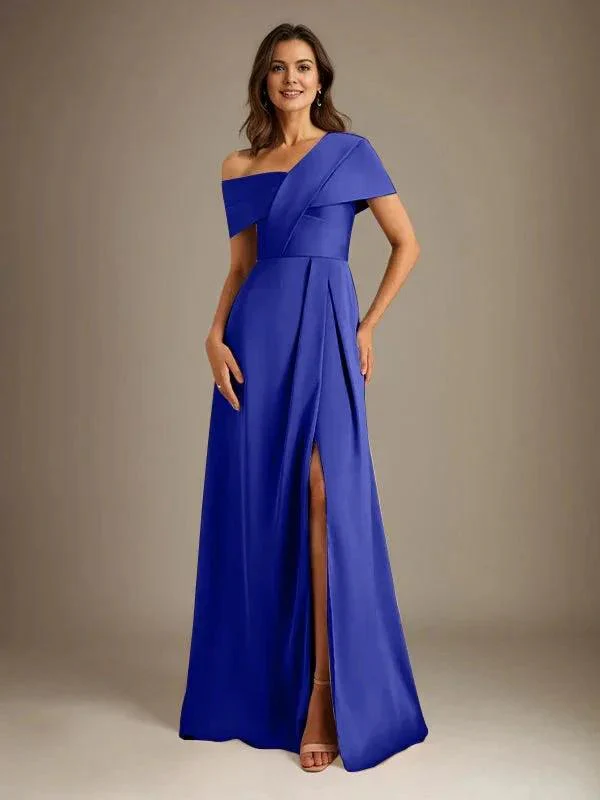 A-Line Asymmetrical Neckline Floor-Length Satin Mother of the Bride Dress With Pleated - Image 39