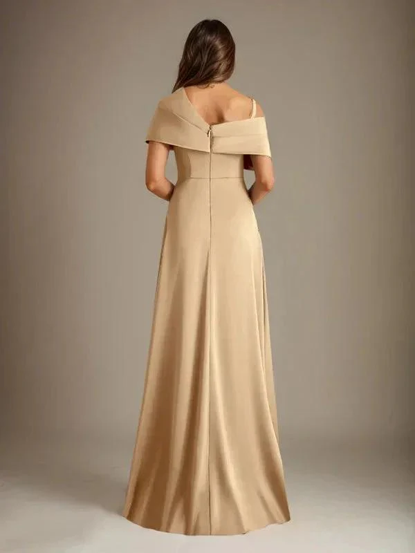 A-Line Asymmetrical Neckline Floor-Length Satin Mother of the Bride Dress With Pleated - Image 4