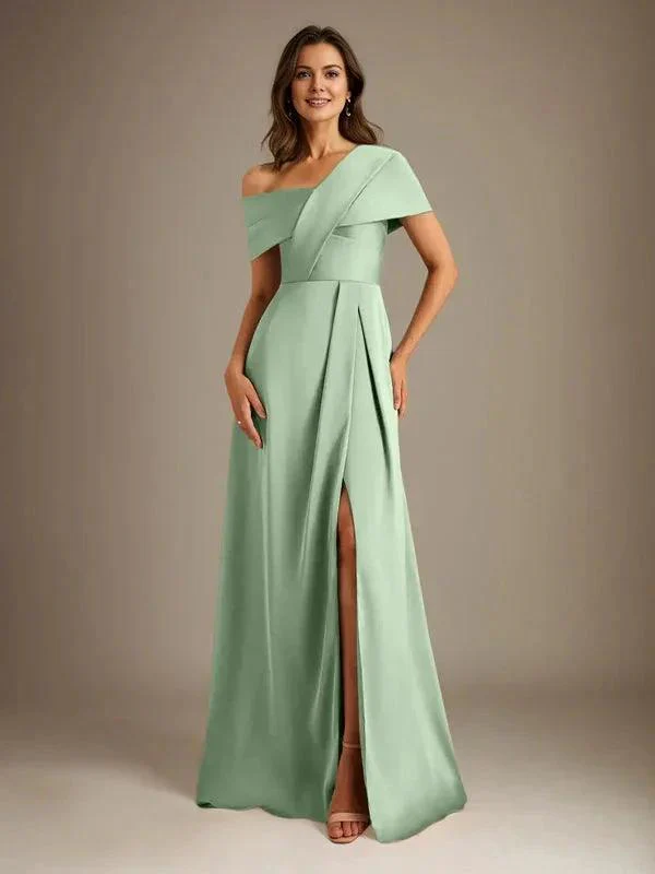 A-Line Asymmetrical Neckline Floor-Length Satin Mother of the Bride Dress With Pleated - Image 40