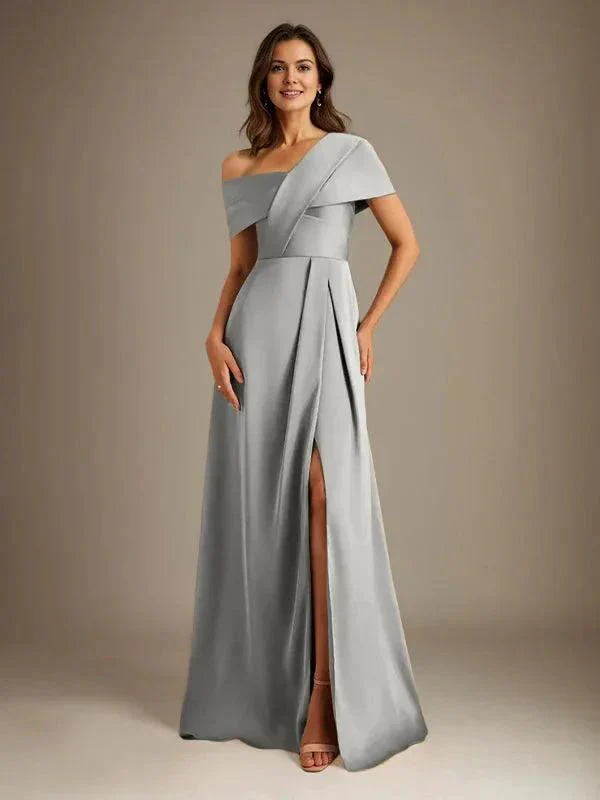 A-Line Asymmetrical Neckline Floor-Length Satin Mother of the Bride Dress With Pleated - Image 41