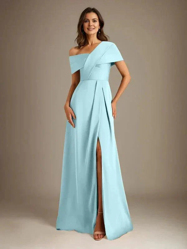 A-Line Asymmetrical Neckline Floor-Length Satin Mother of the Bride Dress With Pleated - Image 42