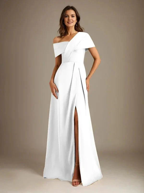 A-Line Asymmetrical Neckline Floor-Length Satin Mother of the Bride Dress With Pleated - Image 43