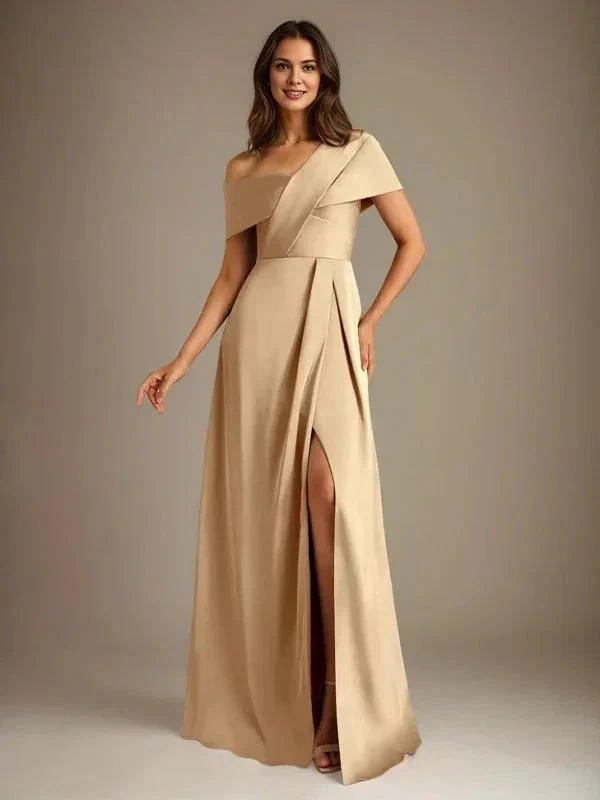 A-Line Asymmetrical Neckline Floor-Length Satin Mother of the Bride Dress With Pleated - Image 5