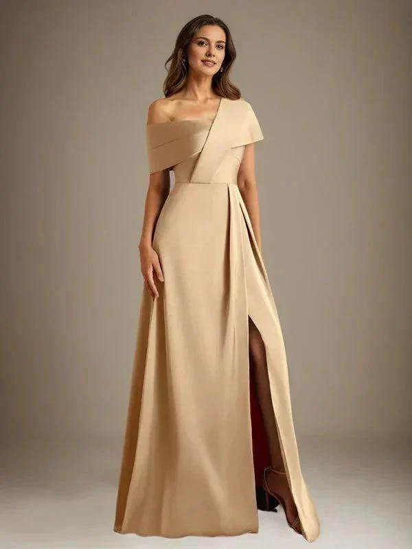 A-Line Asymmetrical Neckline Floor-Length Satin Mother of the Bride Dress With Pleated - Image 6