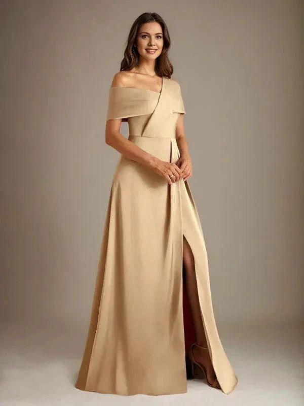 A-Line Asymmetrical Neckline Floor-Length Satin Mother of the Bride Dress With Pleated - Image 7