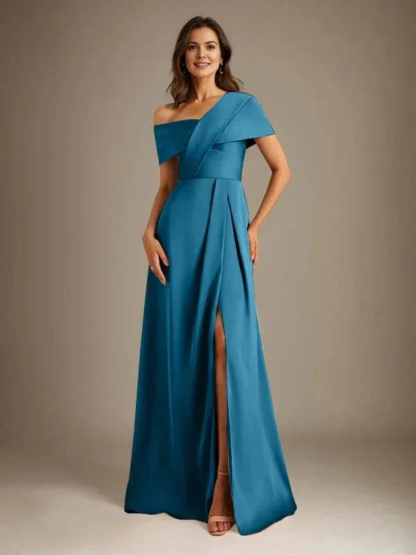 A-Line Asymmetrical Neckline Floor-Length Satin Mother of the Bride Dress With Pleated - Image 9