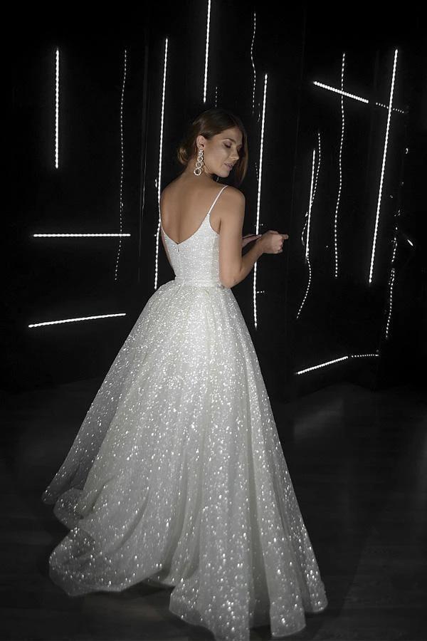 A Line Backless Beach Wedding Dress V Neck Sequins Ivory Wedding Gowns   WD294 - Image 2