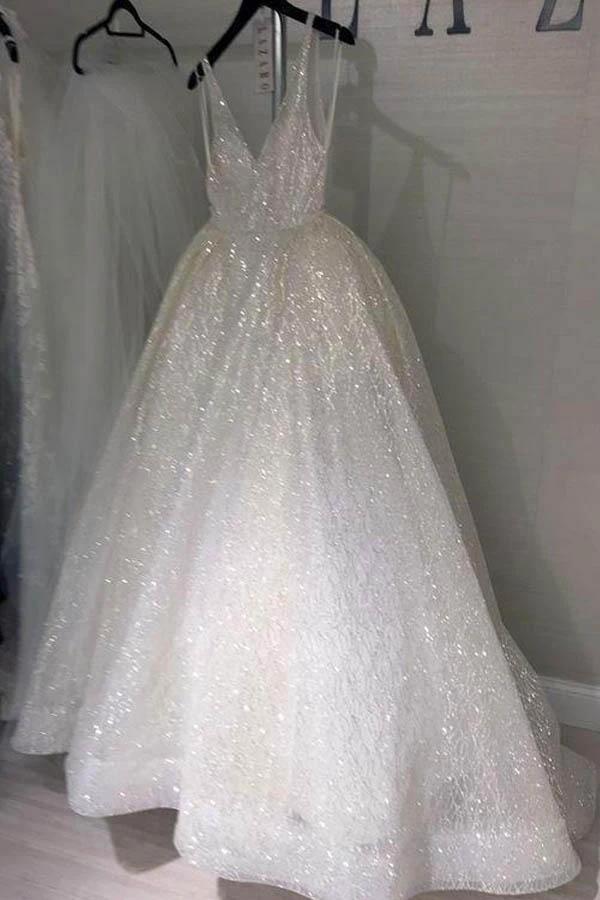 A Line Backless Beach Wedding Dress V Neck Sequins Ivory Wedding Gowns   WD294 - Image 4