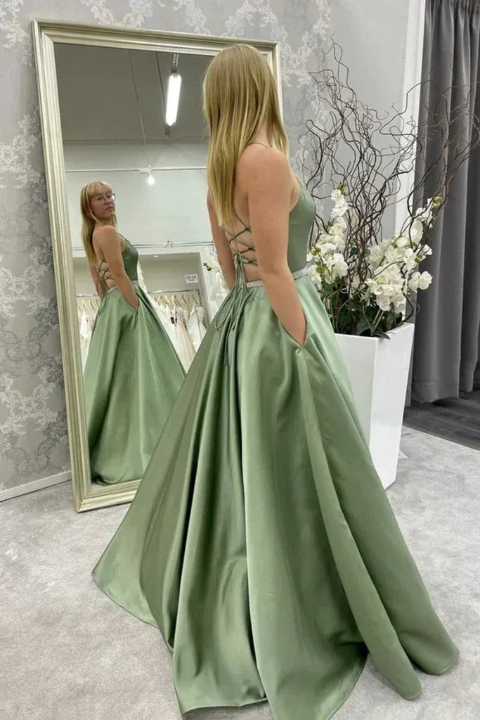 A Line Backless Green Satin Long Prom Dress, Backless Green Formal Graduation Evening Dress Y221 - Image 2