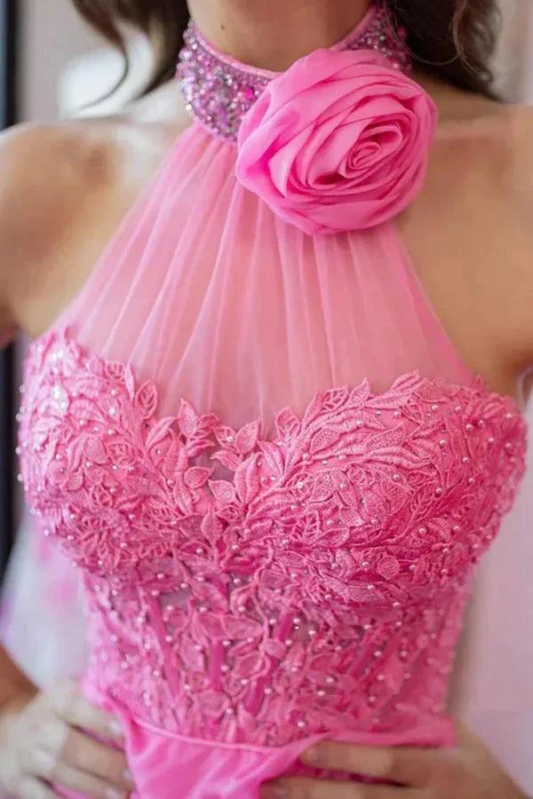 A Line Halter Neck Beaded Lace Long Pink Prom Dresses PSK560 - Image 2