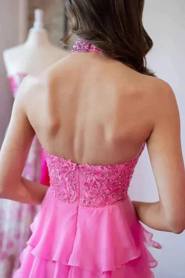 A Line Halter Neck Beaded Lace Long Pink Prom Dresses PSK560 - Image 3